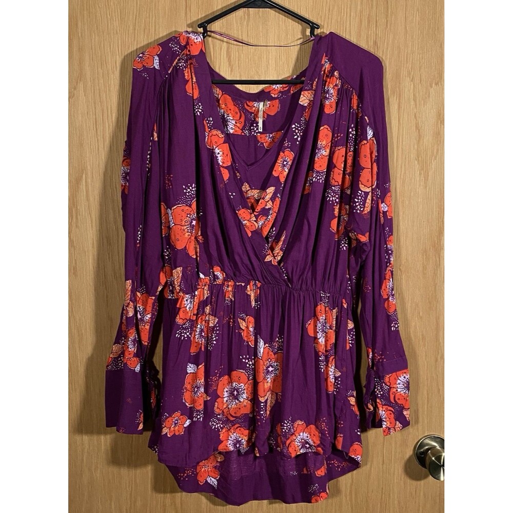 Free People Tuscan Dream Floral Plum Tunic Babydoll Top Feminine Boho Romantic S